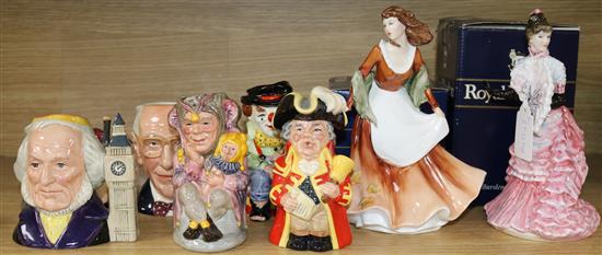 6 mixed Doulton character jugs and 2 figurines (8)